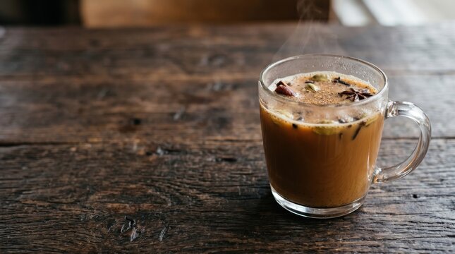 Steaming hot spicy immunity booster masala chai in glass mug