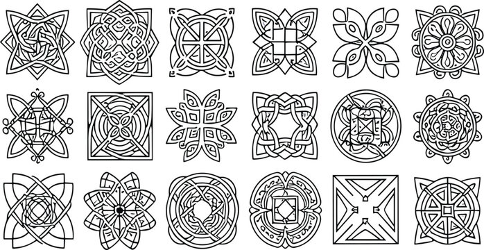 Ornamental geometric pattern vector set featuring intricate decorative mandala shapes and symmetrical line art designs in elegant black outline style