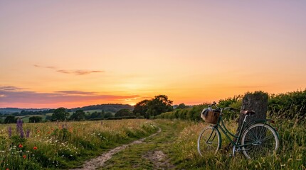 Fototapeta premium Vintage bicycle parked on rural dirt path through wildflower meadow at sunset