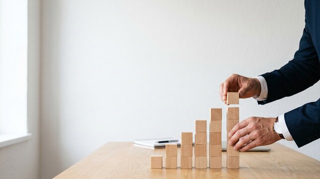 Business executive building ascending revenue growth chart using wooden blocks