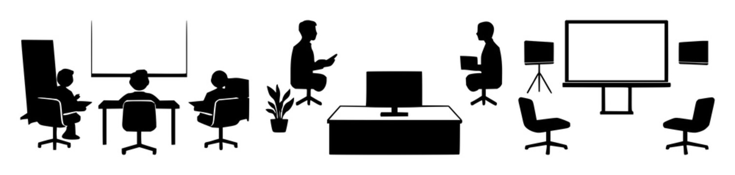 Virtual classroom icon set with solid black design on white background featuring education, e-learning, online learning with classroom and computer