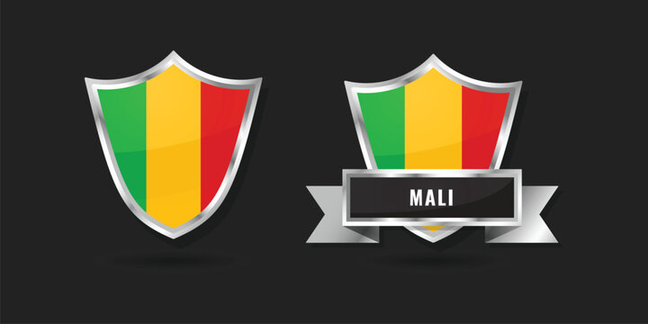 Professional 3D metallic shield and ribbon featuring the national flag of Mali. High-quality silver emblem designed for Malian branding, sports icons, and patriotic graphics.