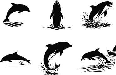 set of dolphin silhouettes jumping in water © Saidurra12
