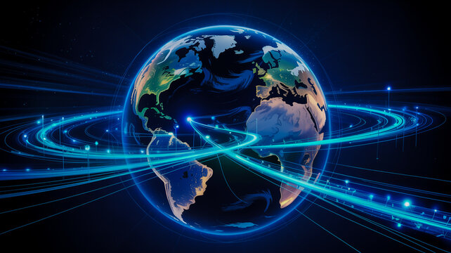 Digital earth globe with glowing network lines and city lights at night