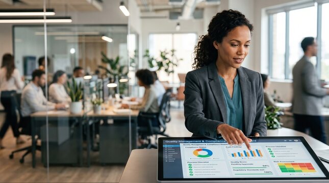Chief marketing officer presenting quarterly campaign metrics on tablet in modern office