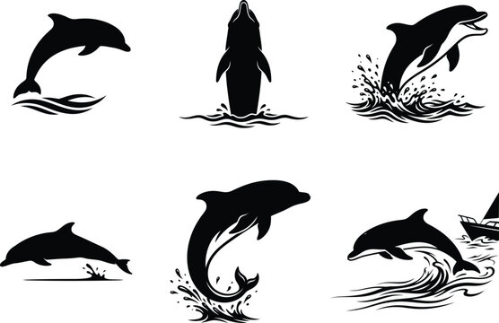 set of dolphin silhouettes jumping in water