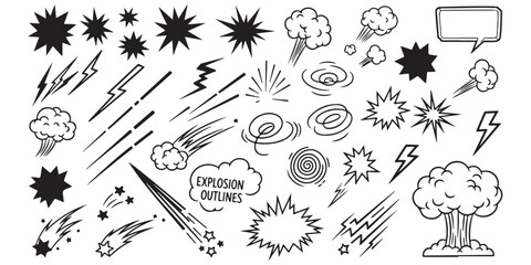 Set of hand drawn comic book style explosion clouds lightning bolts and action sound effects elements © md
