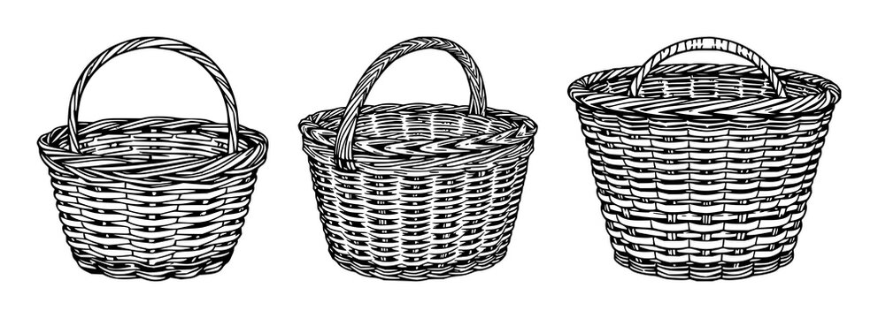 Picnic basket set with hand‑woven wicker design in black line art on white background featuring silhouette, basket, picnic elements with minimalism and illustration