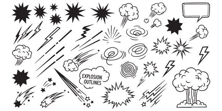 Set of hand drawn comic book style explosion clouds lightning bolts and action sound effects elements