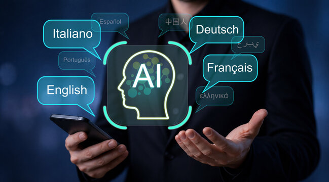 AI translation app and multilingual communication concept. Real time language translation with artificial intelligence. Businessman using smartphone for AI translation and multilingual communication