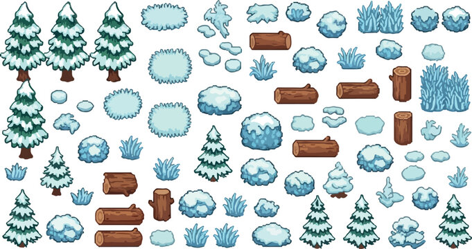 Pixel art winter forest assets, isometric snow covered pine trees and logs, 2D game environment nature collection, frozen wilderness vector set