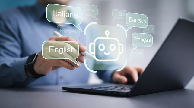 AI translation software and multilingual communication concept. Natural language processing AI chatbot assistant. Businessman using laptop for automated translation and global communication