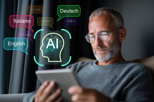 AI translation app and multilingual communication concept. Real time language translation with artificial intelligence. Man using tablet for everyday communication and language understanding
