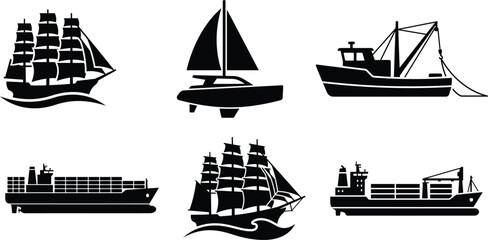 set of various sailboats and cargo ships silhouettes © Saidurra12