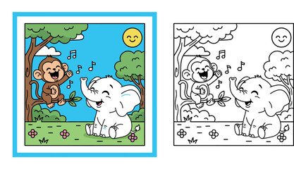 Obraz premium Cute Cartoon Monkey and Elephant Singing Together in a Sunny Park with Trees and Flowers