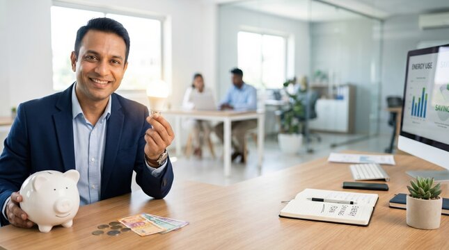 Frugal startup founder inventing cost effective business solutions holding piggy bank