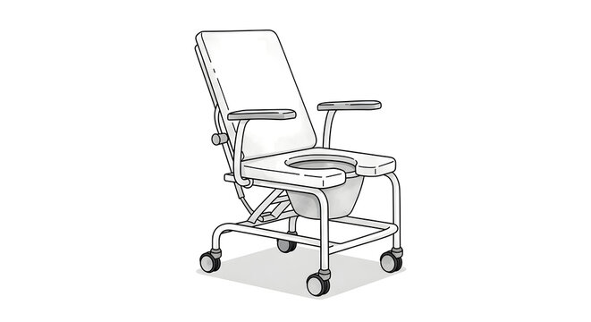 A medical commode chair on wheels with armrests is shown indoors
