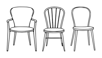 Fototapeta premium Chair set with single line drawing on white background featuring black and white, simple, minimalistic with furniture and seating