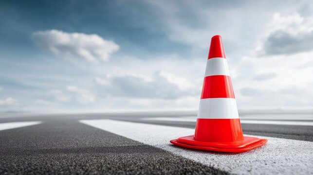 Traffic Cone on Tarmac of Runway Under Dramatic Sky