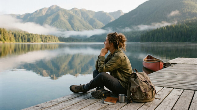 Serene Contemplation by the Lake: A woman sits on a wooden dock, gazing at a tranquil lake with mountains and reflections, immersed in peaceful contemplation and appreciating the beauty of nature.