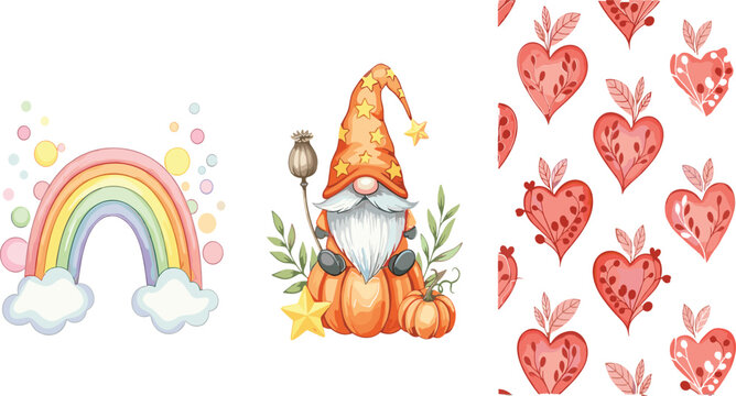 Cute gnome, rainbow and heart pattern vector set featuring pastel fantasy elements and romantic decorative illustration collection