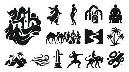 Fototapeta premium Arabic Islamic Architecture Buildings and People Silhouette Icons