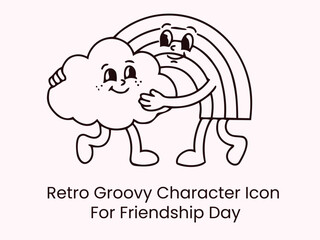 Obraz premium Retro groovy cloud and rainbow hugging friendship day vector character