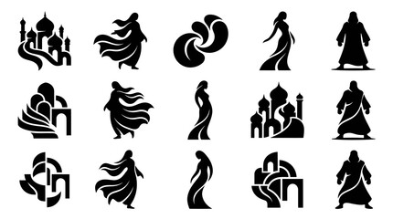 Fototapeta premium Islamic Architecture and Figures Set, Black and White Vector Icons
