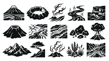 Fototapeta premium Black and White Icons of Volcanic Landscapes and Geological Formations