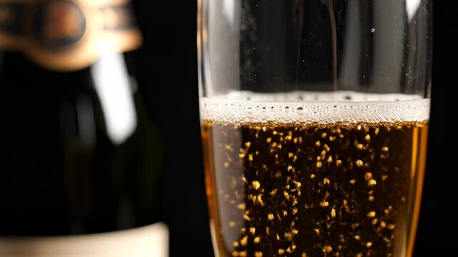 Close Up of Effervescent Champagne Bubbles Rising in a Glass With a Bottle in the Background