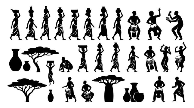 African tribal silhouettes of people carrying pots, dancing, and playing drums