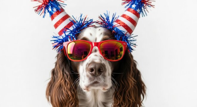 Patriotic pup a memorial day celebration with an adorable dog in festive american headwear and sunglasses