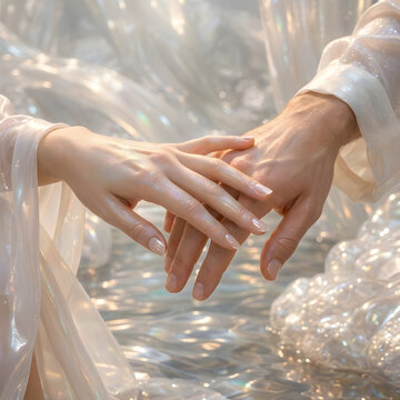 Two hands gently touching amidst ethereal translucent fabric