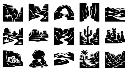Obraz premium Black and White Desert Landscape Icons - Vector Graphics