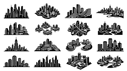 Obraz premium Black White Cityscape Vector Art - Modern Architecture Silhouettes
