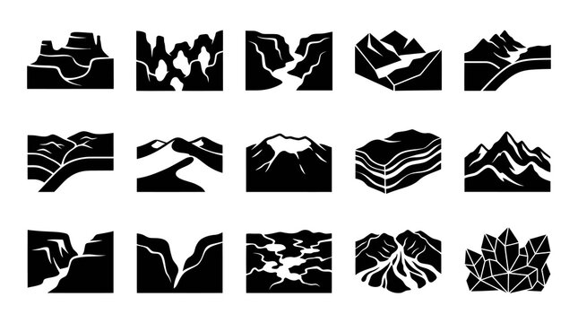 Black  White Glyph Icons of Geological Landforms for Earth Science  Nature