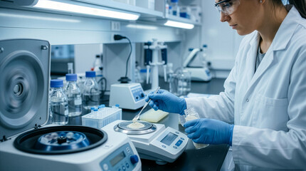 Fototapeta premium Scientific Researcher Analyzing Sample in Laboratory Setting for Breakthrough Discoveries