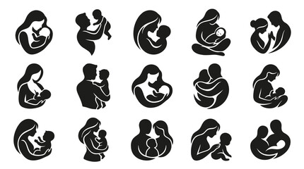 Fototapeta premium Family Parenting Maternity Glyph Icons: Mother, Father, Baby, Parents Embracing Silhouette Vector Set