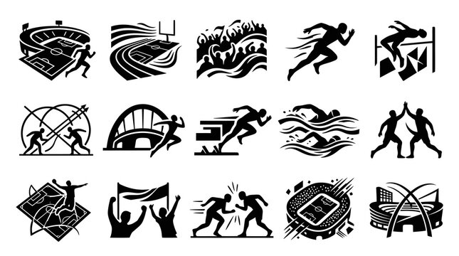 Black and White Sports Icons: Stadium, Runner, Swimmer, Athletes