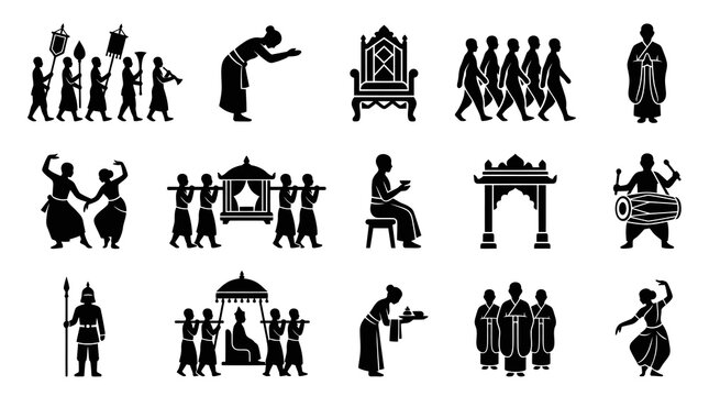 Thai Traditional Culture, Royal Ceremony, and Rituals Glyph Silhouette Icons