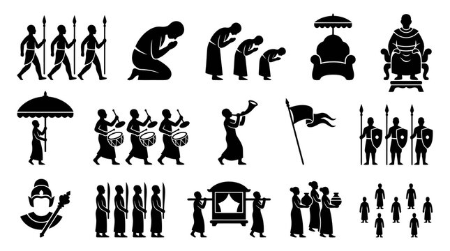African Tribal Ceremony and Royalty Icons: Black and White Glyphs