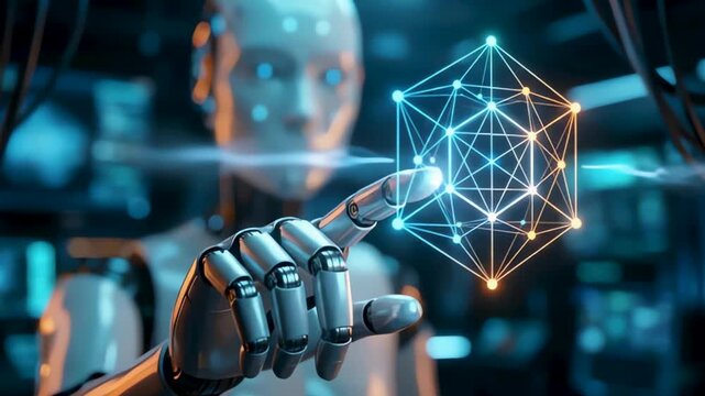 Futuristic AI Robot Hand Interacting with Glowing Digital Data Cube
