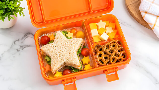 Creative kids lunch box with star shaped sandwich cheese and pretzels