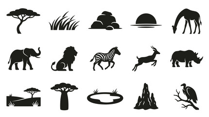 Naklejka premium African Safari Icons - Black and White Vector Graphics