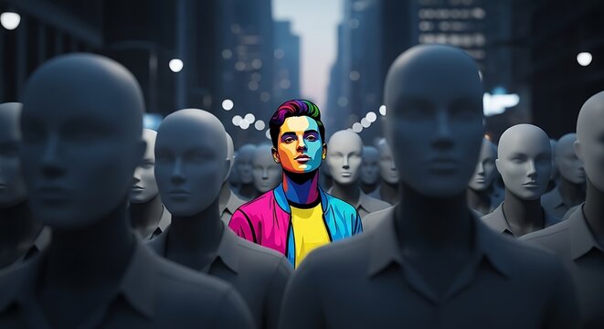 Colorful individuality in a crowd scene.