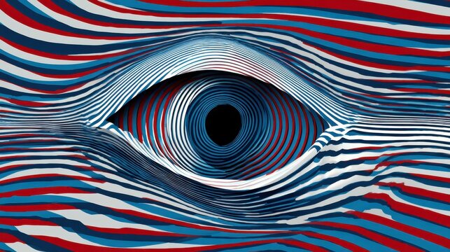 A floating eyeball made of concentric, undulating optical stripes in blue, white, and red, trippy Halloween design
