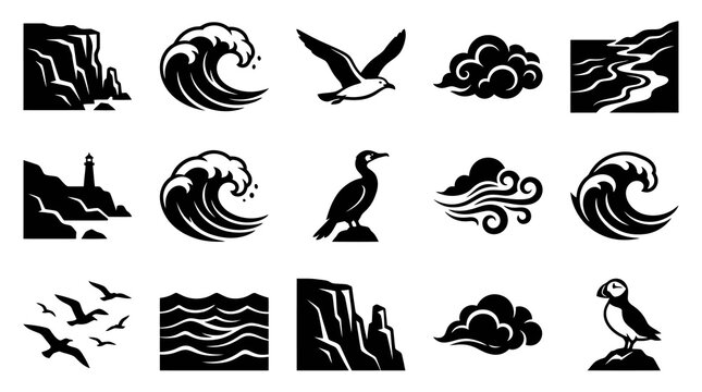 Coastal Icons: Black  White Vector Art of Cliffs, Waves, Birds, Clouds, Lighthouse