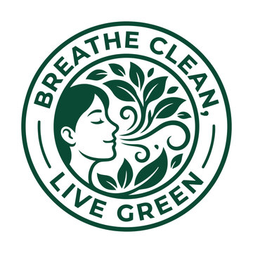 Eco-friendly breathe clean live green badge, circular organic air quality logo with woman and leaves, dark green environmental sustainability vector icon