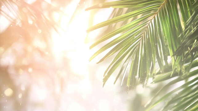 Beautiful blurred background of an exotic beach sunset with palm leaves