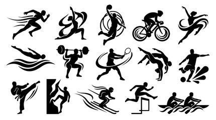 Fototapeta premium Black and White Sports Icons: Diverse Athletic Silhouettes in Vector Art Style